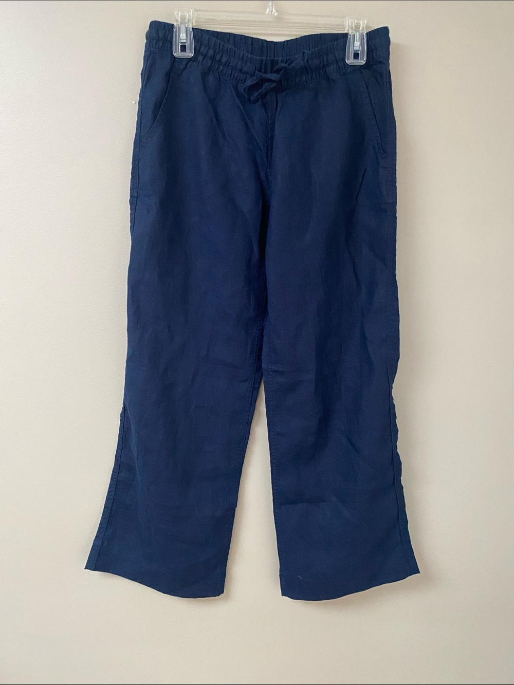 LL Bean Premium Washable Linen Pull-On Wide Leg Pants navy blue 8 petite - Picture 2 of 7